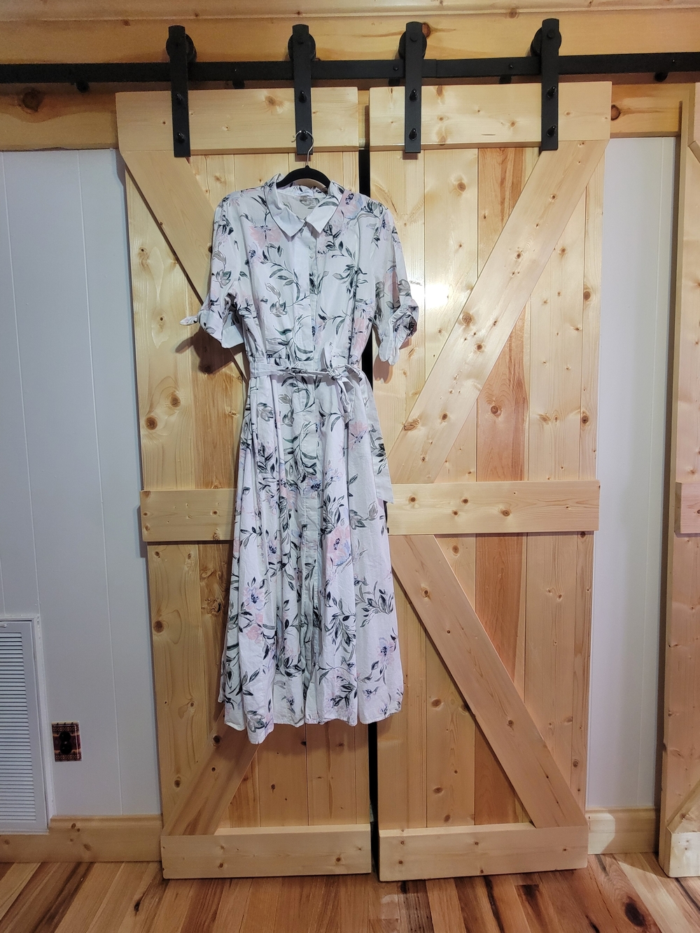 Calvin Klein White Midi Dress with Pink Floral and Green Leaves